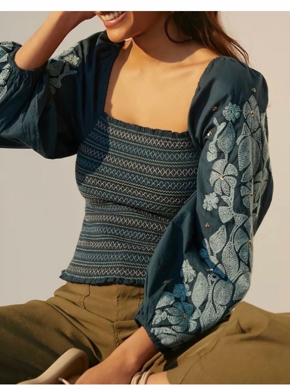 Anthropologie smocked embroidered puff sleeve blouse